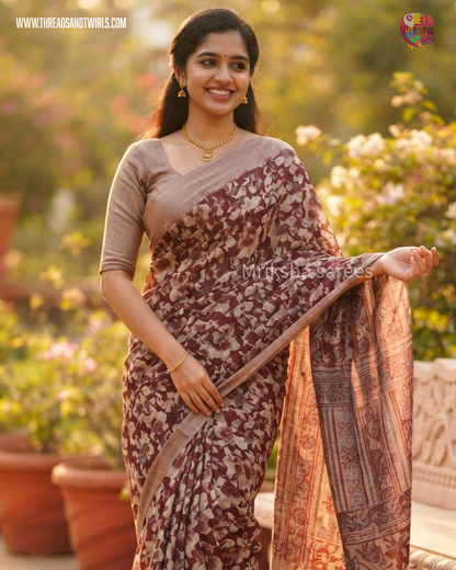 Pure Cotton Floral / Geometric Printed Saree with Plain Blouse |Royal Blue, Red, Bluish Grey & Chocolate Brown | Threads & Twirls