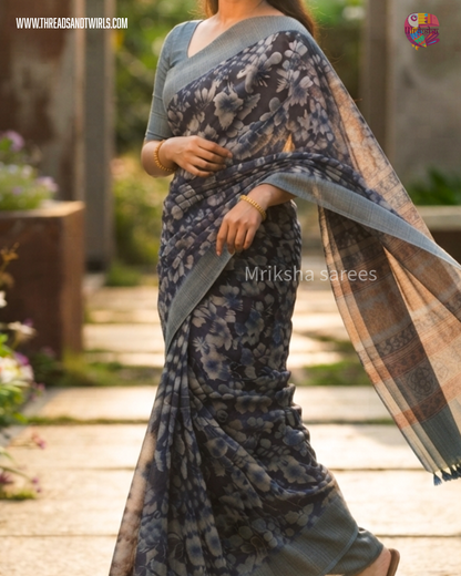 Pure Cotton Floral / Geometric Printed Saree with Plain Blouse |Royal Blue, Red, Bluish Grey & Chocolate Brown | Threads & Twirls