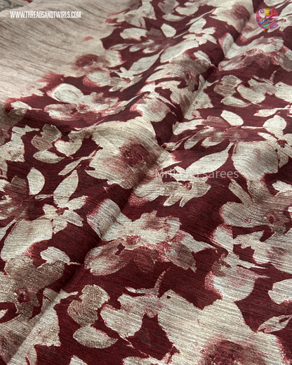 Pure Cotton Floral / Geometric Printed Saree with Plain Blouse |Royal Blue, Red, Bluish Grey & Chocolate Brown | Threads & Twirls