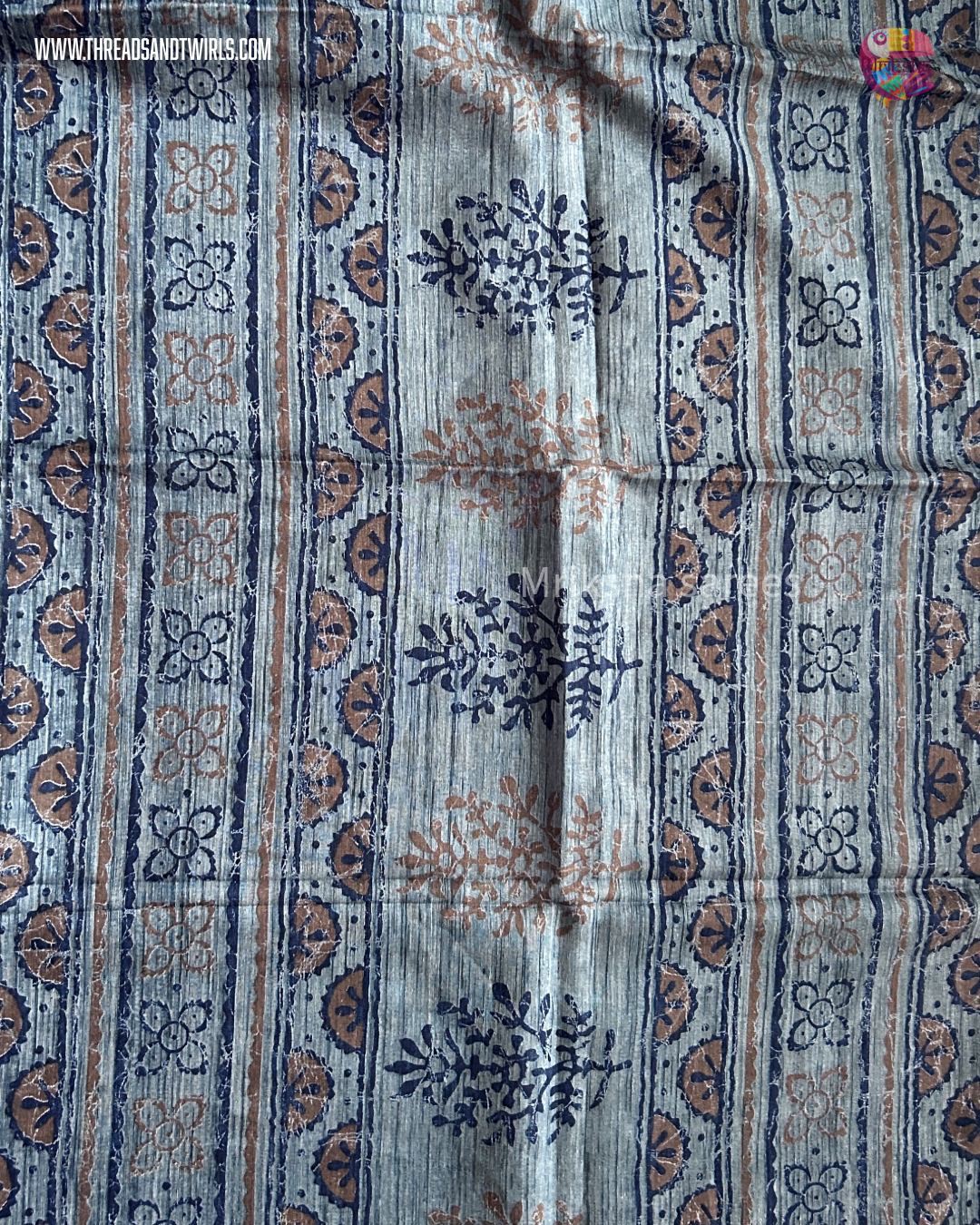 Pure Cotton Floral / Geometric Printed Saree with Plain Blouse |Royal Blue, Red, Bluish Grey & Chocolate Brown | Threads & Twirls