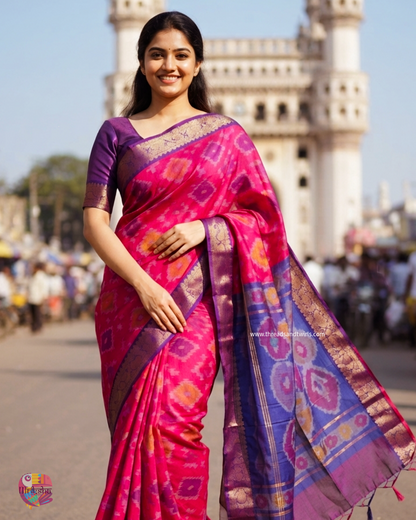 Rani Pink Silk Cotton Ikat Saree with Purple Zari Border & Geometric Motifs | Mriksha Sarees