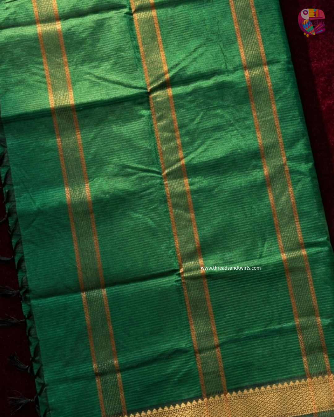 Bottle Green Raw Silk Cotton Saree with Gold Zari Border & Running Blouse | Mriksha Sarees