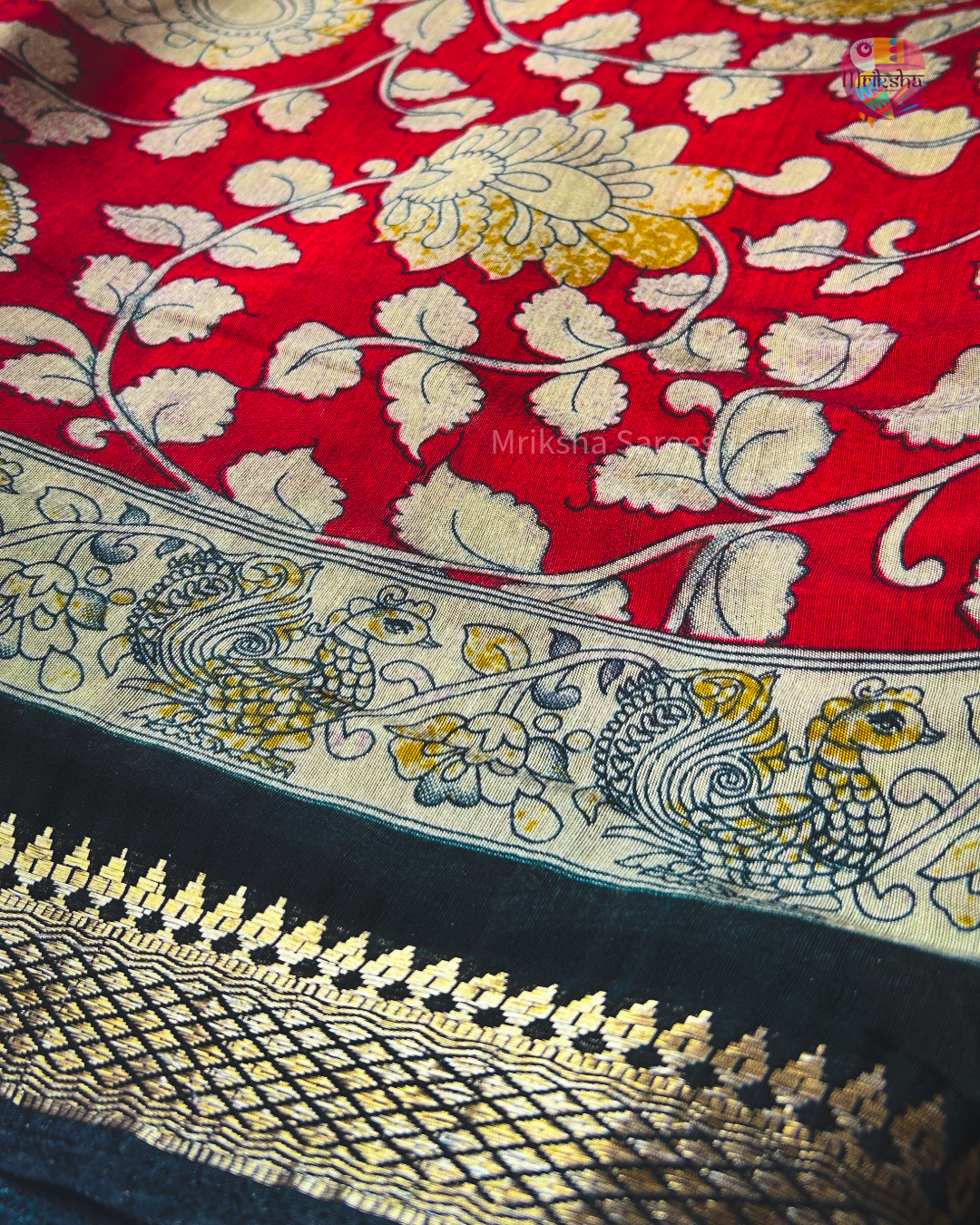 Red & Black Kalamkari Printed Viscose Silk Saree with Traditional Peacock Border | Elegant Ethnic Wear | Mriksha Sarees