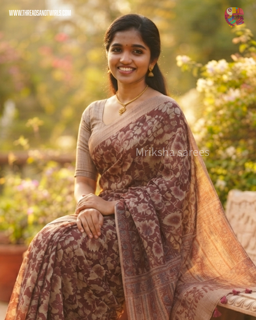 Pure Cotton Floral / Geometric Printed Saree with Plain Blouse |Royal Blue, Red, Bluish Grey & Chocolate Brown | Threads & Twirls