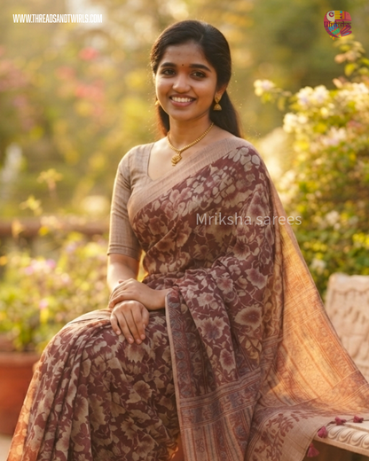 Pure Cotton Floral / Geometric Printed Saree with Plain Blouse |Royal Blue, Red, Bluish Grey & Chocolate Brown | Threads & Twirls