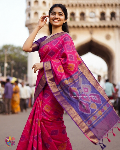 Rani Pink Silk Cotton Ikat Saree with Purple Zari Border & Geometric Motifs | Mriksha Sarees