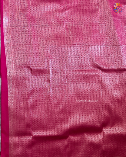 Lunar White Kanjivaram Semi Silk Saree with Contrast Pink Zari Border & Blouse Piece