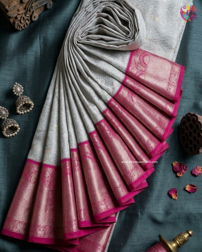 Lunar White Kanjivaram Semi Silk Saree with Contrast Pink Zari Border & Blouse Piece