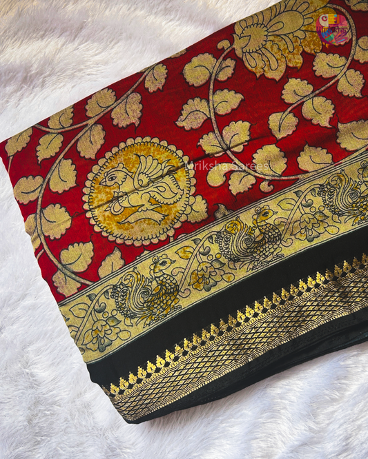 Red & Black Kalamkari Printed Viscose Silk Saree with Traditional Peacock Border | Elegant Ethnic Wear | Mriksha Sarees