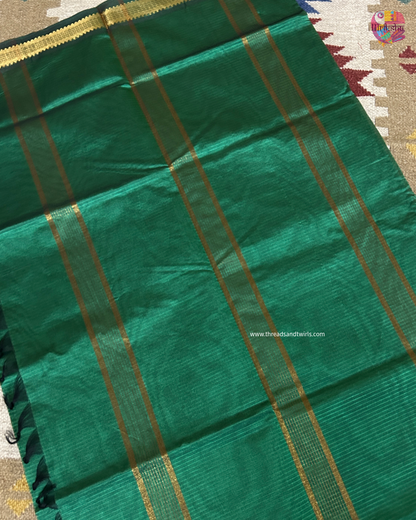 Bottle Green Raw Silk Cotton Saree with Gold Zari Border & Running Blouse | Mriksha Sarees