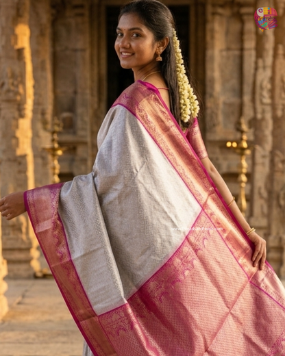 Lunar White Kanjivaram Semi Silk Saree with Contrast Pink Zari Border & Blouse Piece