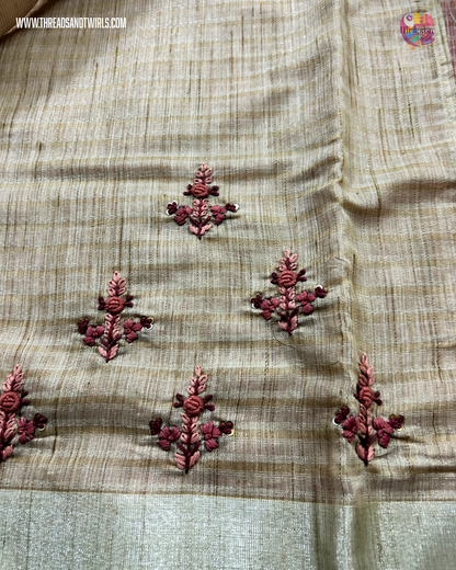 Handwoven Tissue Linen Saree with Heavy Embroidered Pallu & Contrast Beige Blouse | Pink & Blue | Mriksha Sarees