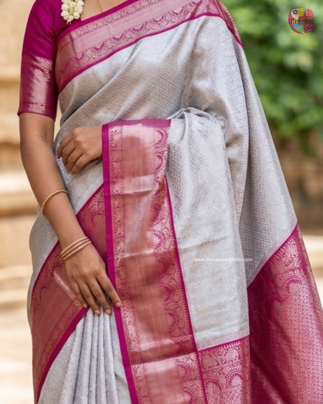 Lunar White Kanjivaram Semi Silk Saree with Contrast Pink Zari Border & Blouse Piece