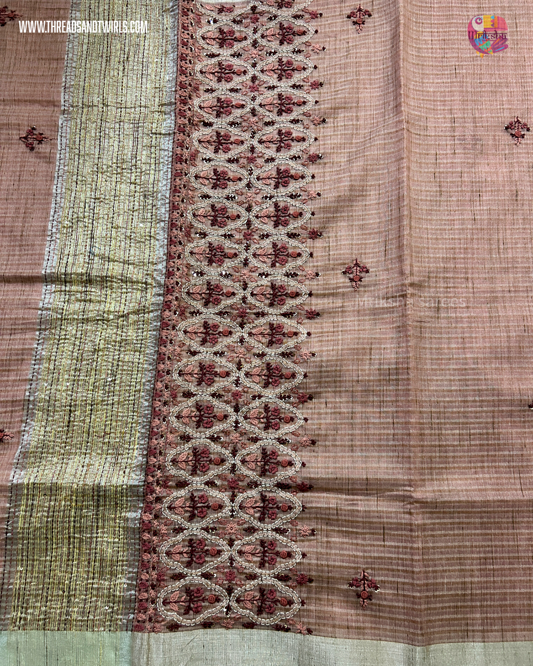 Handwoven Tissue Linen Saree with Heavy Embroidered Pallu & Contrast Beige Blouse | Pink & Blue | Mriksha Sarees