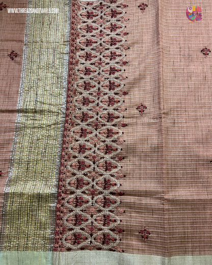 Handwoven Tissue Linen Saree with Heavy Embroidered Pallu & Contrast Beige Blouse | Pink & Blue | Mriksha Sarees