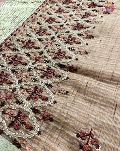 Handwoven Tissue Linen Saree with Heavy Embroidered Pallu & Contrast Beige Blouse | Pink & Blue | Mriksha Sarees