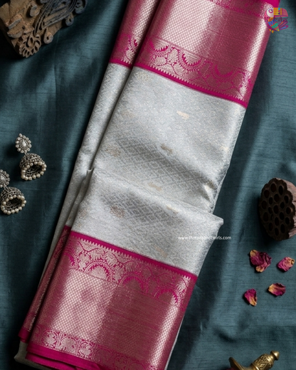Lunar White Kanjivaram Semi Silk Saree with Contrast Pink Zari Border & Blouse Piece