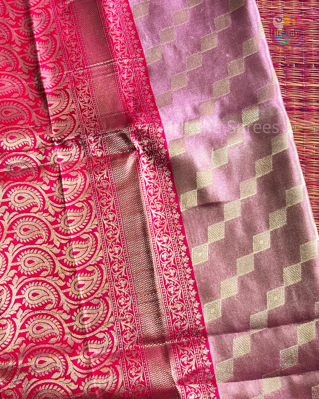 Banarasi Tissue Saree with Zari Border | Diamond Print | Dark Shaded Blouse | Premium Party & Wedding Wear | Threads & Twirls