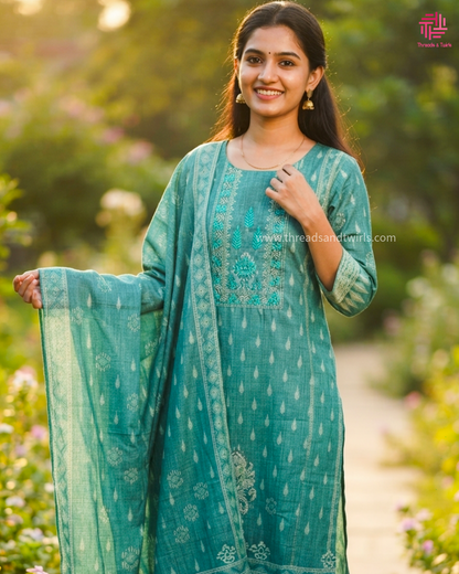 Sage Green Chanderi Linen Salwar Suit for Women | Elegant Ethnic Wear | Threads & Twirls