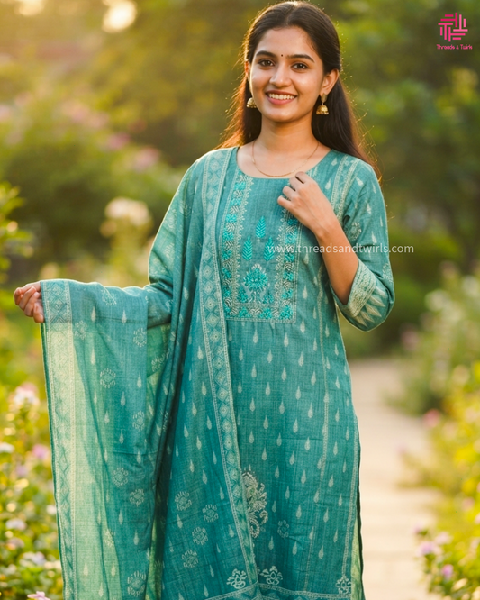 Sage Green Chanderi Linen Salwar Suit for Women | Elegant Ethnic Wear | Threads & Twirls