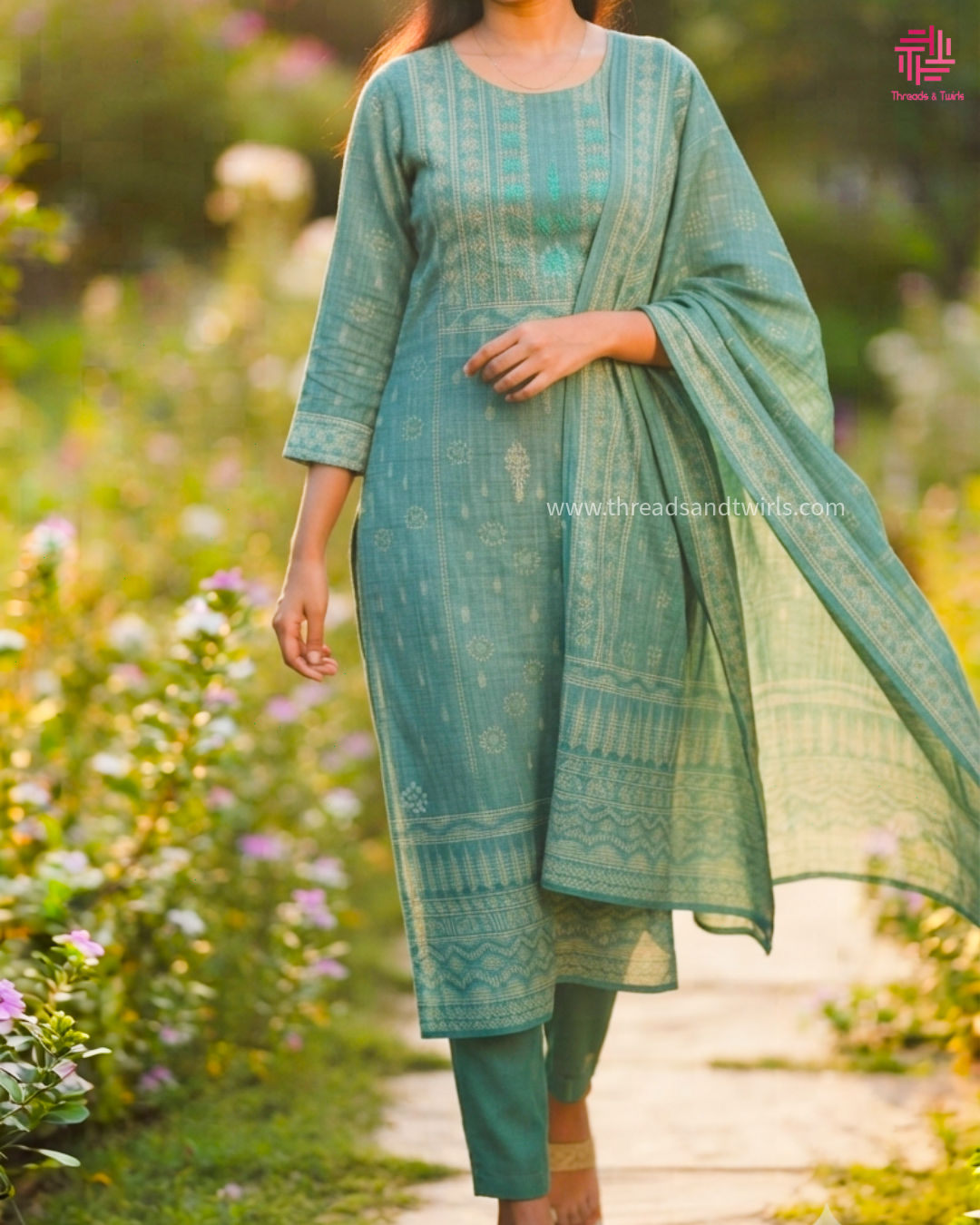 Sage Green Chanderi Linen Salwar Suit for Women | Elegant Ethnic Wear | Threads & Twirls