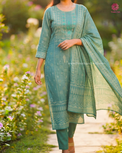Sage Green Chanderi Linen Salwar Suit for Women | Elegant Ethnic Wear | Threads & Twirls
