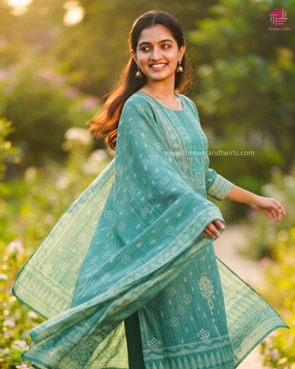 Sage Green Chanderi Linen Salwar Suit for Women | Elegant Ethnic Wear | Threads & Twirls