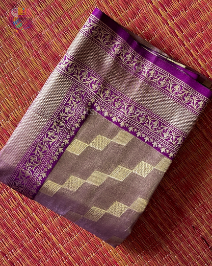 Banarasi Tissue Saree with Zari Border | Diamond Print | Dark Shaded Blouse | Premium Party & Wedding Wear | Threads & Twirls