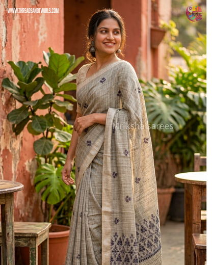 Handwoven Tissue Linen Saree with Heavy Embroidered Pallu & Contrast Beige Blouse | Pink & Blue | Mriksha Sarees