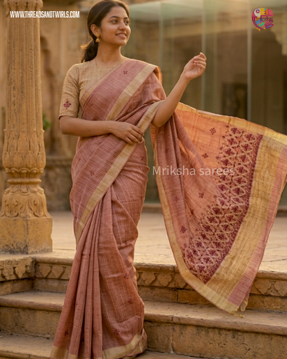Handwoven Tissue Linen Saree with Heavy Embroidered Pallu & Contrast Beige Blouse | Pink & Blue | Mriksha Sarees