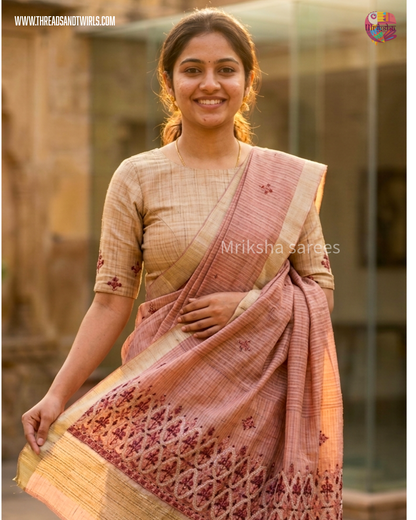 Handwoven Tissue Linen Saree with Heavy Embroidered Pallu & Contrast Beige Blouse | Pink & Blue | Mriksha Sarees