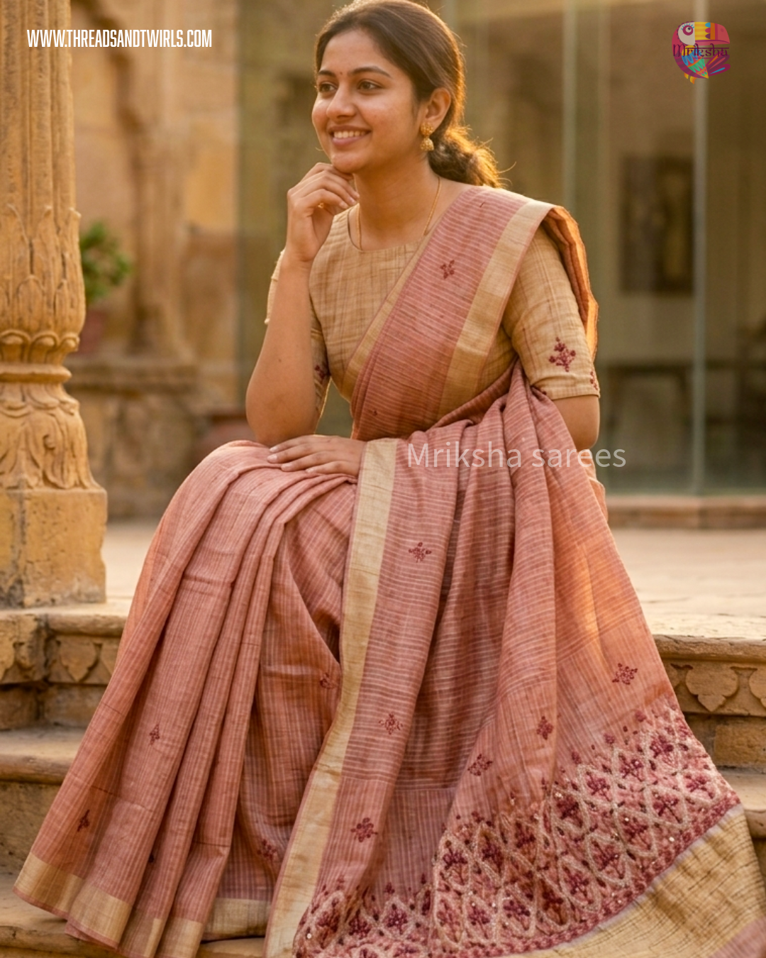 Handwoven Tissue Linen Saree with Heavy Embroidered Pallu & Contrast Beige Blouse | Pink & Blue | Mriksha Sarees