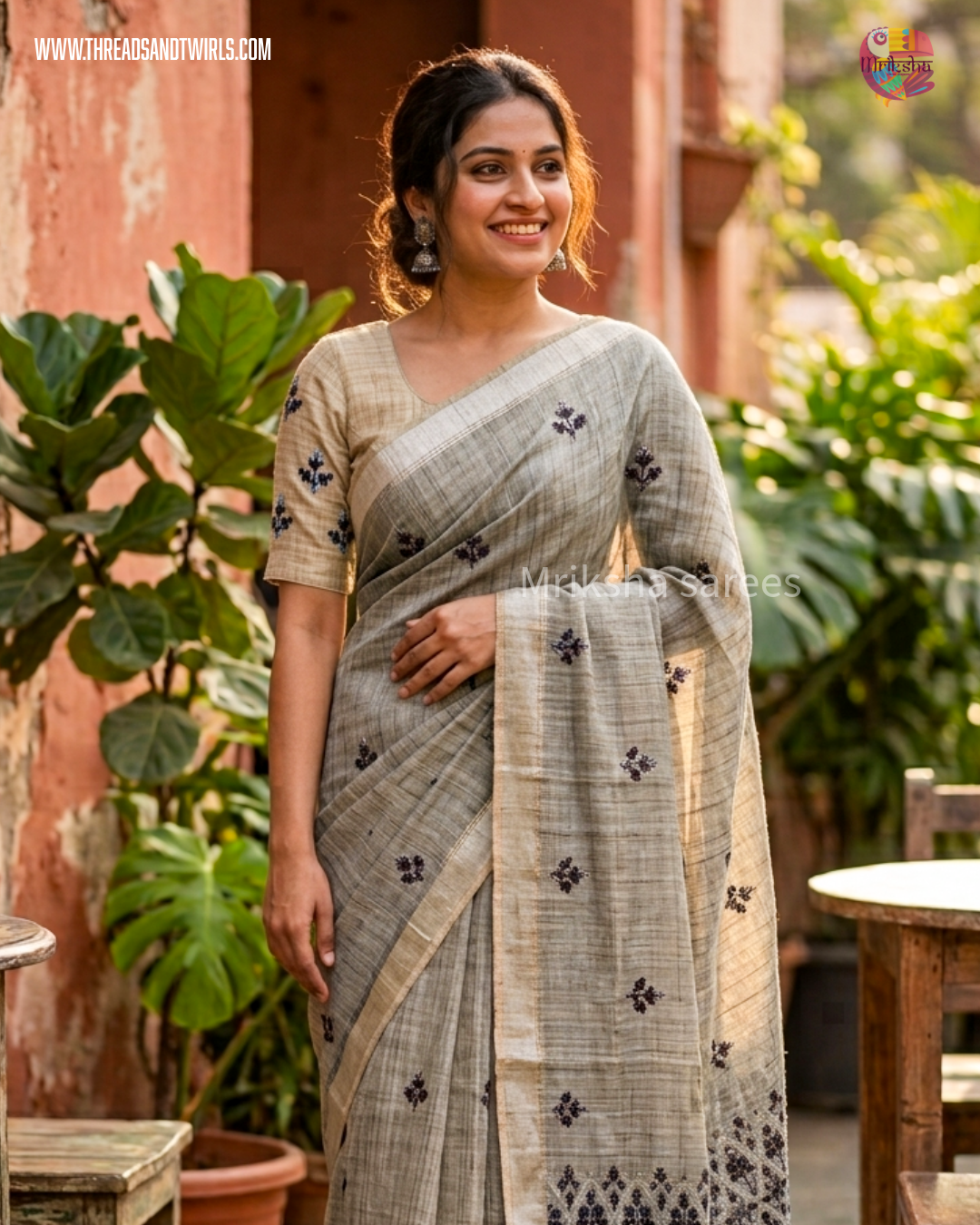 Handwoven Tissue Linen Saree with Heavy Embroidered Pallu & Contrast Beige Blouse | Pink & Blue | Mriksha Sarees