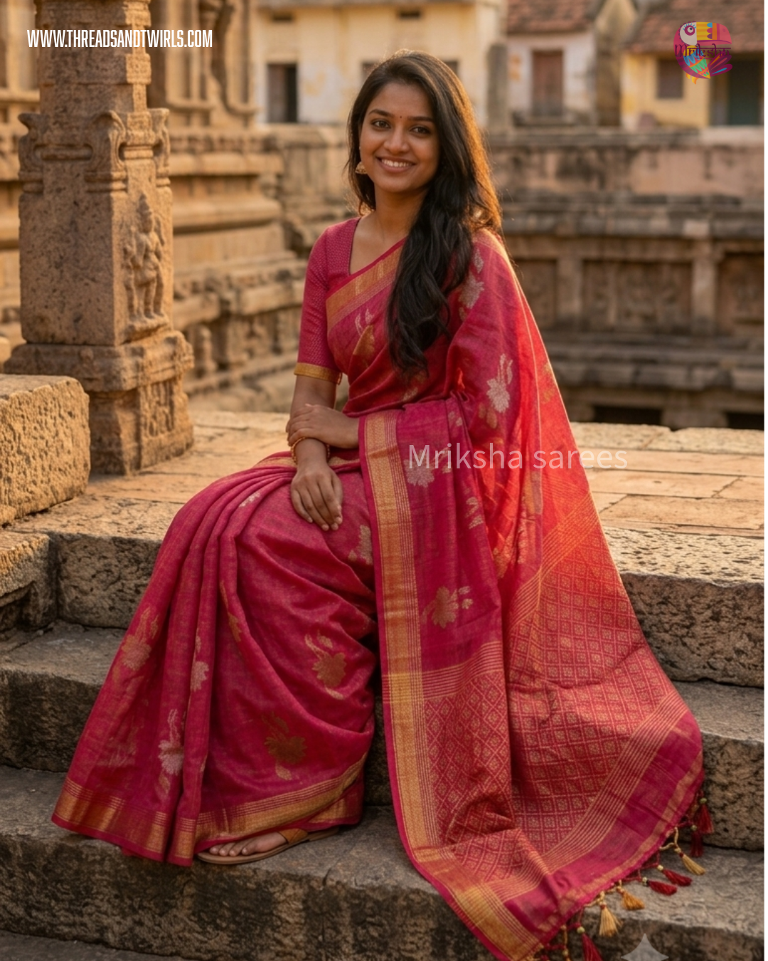Lotus Motif Tissue Linen Saree – Yellow/ Pink | Mriksha Sarees