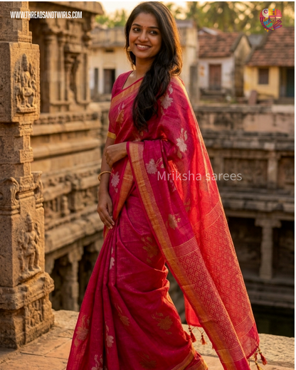Lotus Motif Tissue Linen Saree – Yellow/ Pink | Mriksha Sarees