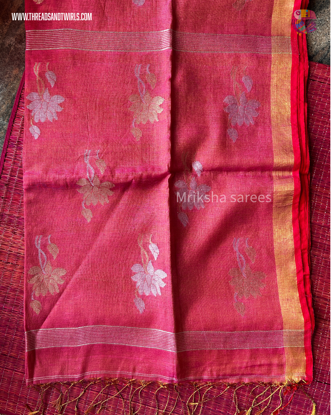 Lotus Motif Tissue Linen Saree – Yellow/ Pink | Mriksha Sarees