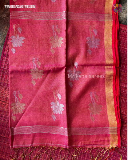 Lotus Motif Tissue Linen Saree – Yellow/ Pink | Mriksha Sarees