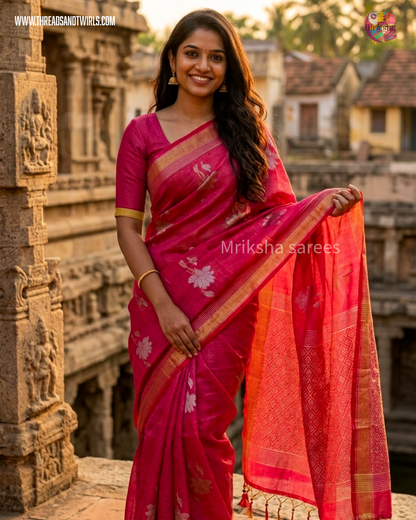 Lotus Motif Tissue Linen Saree – Yellow/ Pink | Mriksha Sarees