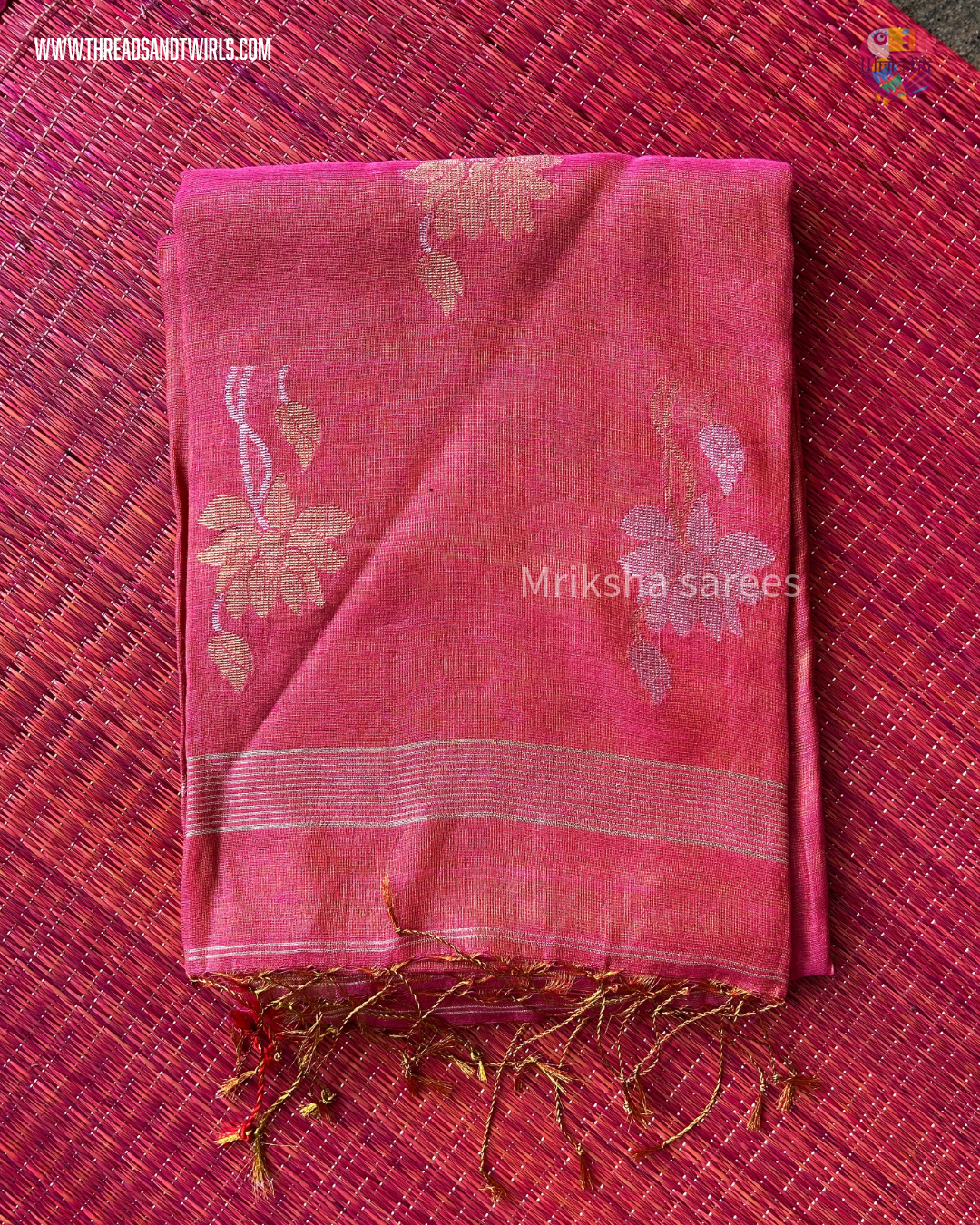 Lotus Motif Tissue Linen Saree – Yellow/ Pink | Mriksha Sarees