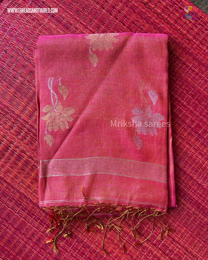 Lotus Motif Tissue Linen Saree – Yellow/ Pink | Mriksha Sarees