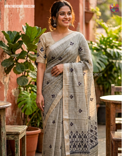 Handwoven Tissue Linen Saree with Heavy Embroidered Pallu & Contrast Beige Blouse | Pink & Blue | Mriksha Sarees
