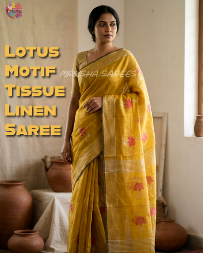 Lotus Motif Tissue Linen Saree – Yellow | Mriksha Sarees