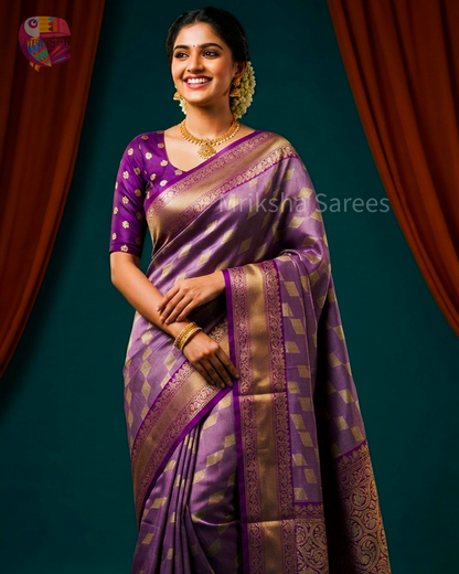 Banarasi Tissue Saree with Zari Border | Diamond Print | Dark Shaded Blouse | Premium Party & Wedding Wear | Threads & Twirls