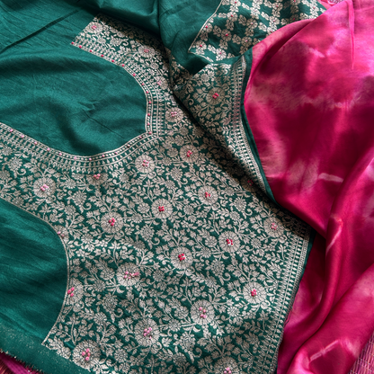 Tie & Dye Mashru Silk Saree with Handwoven Embroidery & Contrast Brocade Blouse | Pink