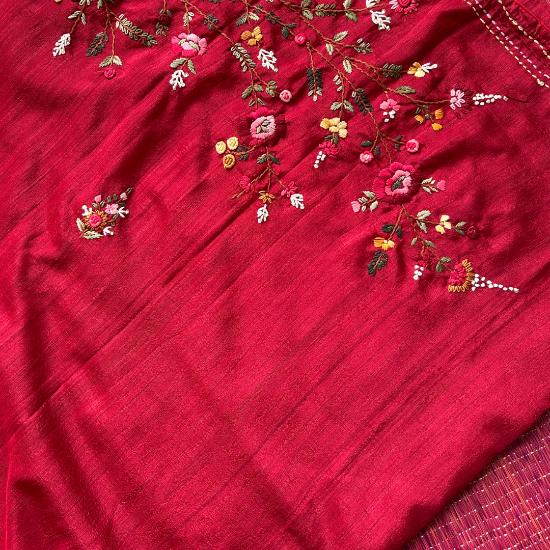 Maroon Semi Tussar Silk Saree with Handwoven Parsi Embroidery | Mriksha Sarees