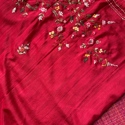 Maroon Semi Tussar Silk Saree with Handwoven Parsi Embroidery | Mriksha Sarees