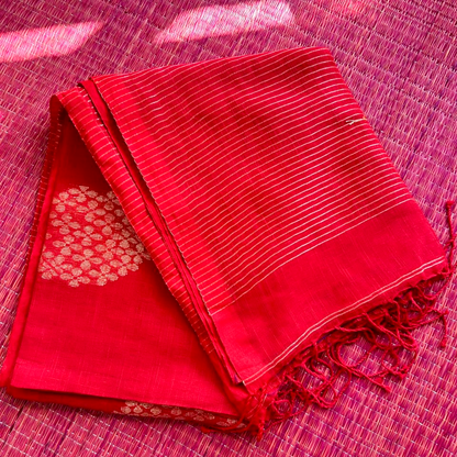 Pure Linen Jamdani Saree with Zari Striped Pallu – Tomato Red & Pink | Mriksha saree