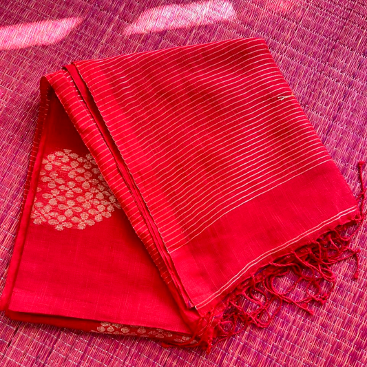 Pure Linen Jamdani Saree with Zari Striped Pallu – Tomato Red & Pink | Mriksha saree