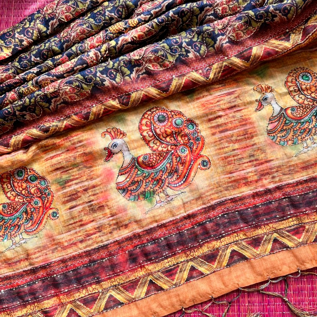 Soft Printed Linen Saree with Kantha Embroidery & Contrast Blouse – Blue & Orange | Mriksha