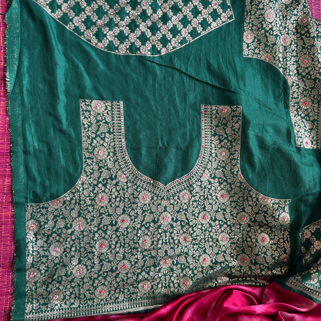 Tie & Dye Mashru Silk Saree with Handwoven Embroidery & Contrast Brocade Blouse | Pink
